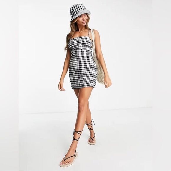 NWT Pull&Bear Black and White Gingham Strappy Mini Dress Size XL - Picture 2 of 13